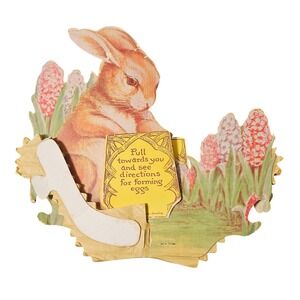 Antique Victorian Mechanical Easter Card Brown Rabbit Hyacinth Die Cut Pull Tab
